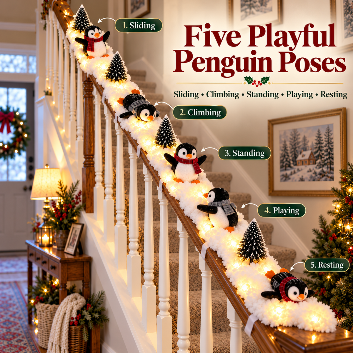 ❄️ Lighted Christmas Penguin Decoration | Cute Snowy Stair Railing Décor | Festive Holiday Home Accent 🐧