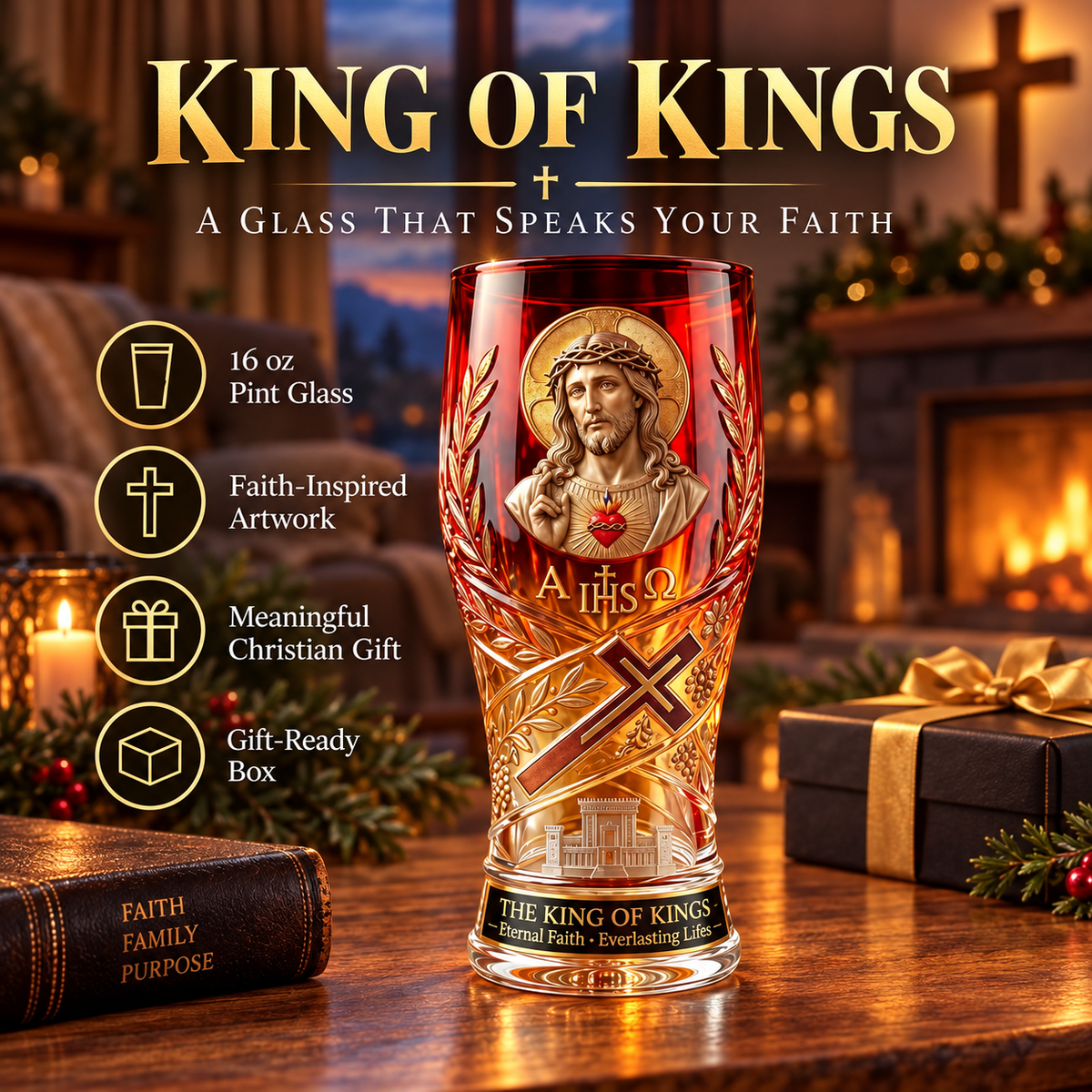 ✝️ King of Kings 16oz Christian Pint Glass – Faith-Inspired Gift
