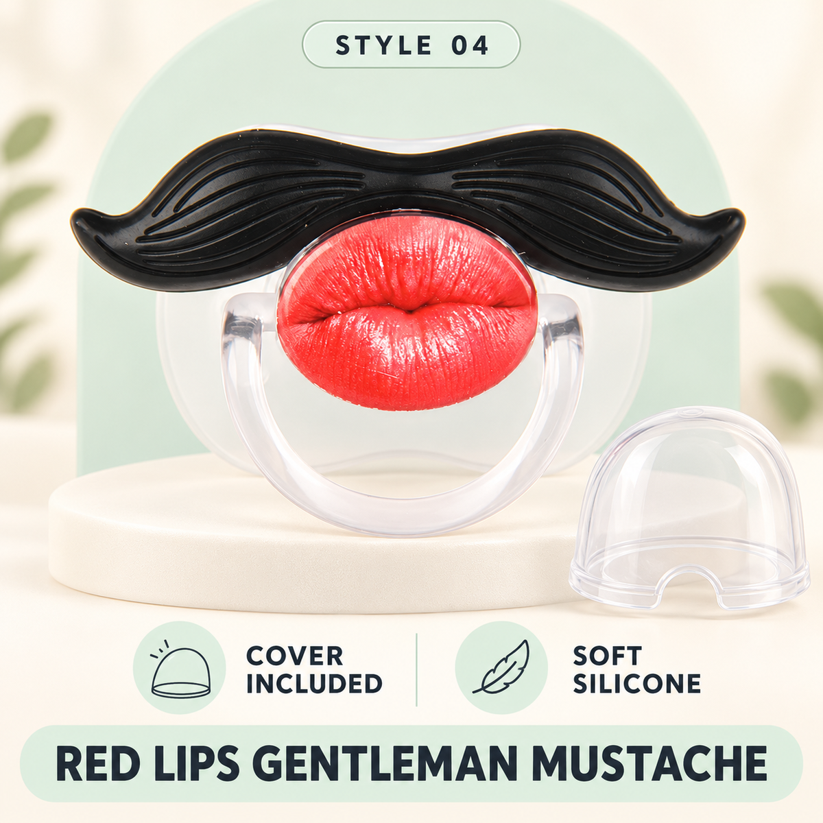 👄 Funny Red Lips Mustache Baby Pacifier – One-Piece Silicone Design with Dust Cover
