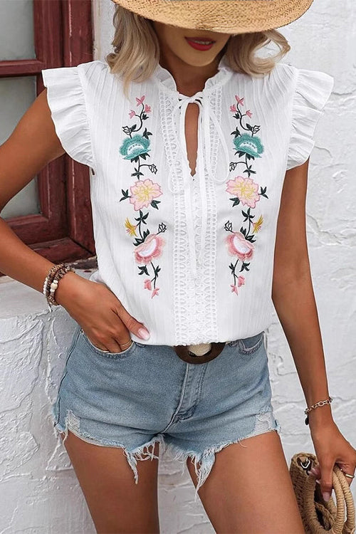 Fashion Embroidery Ruffle Sleeve Casual Tops
