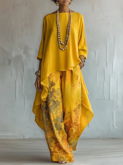Women's Artistic Linen-Blend Asymmetrical Top & Floral Print Wide Leg Pants Two-Piece Set