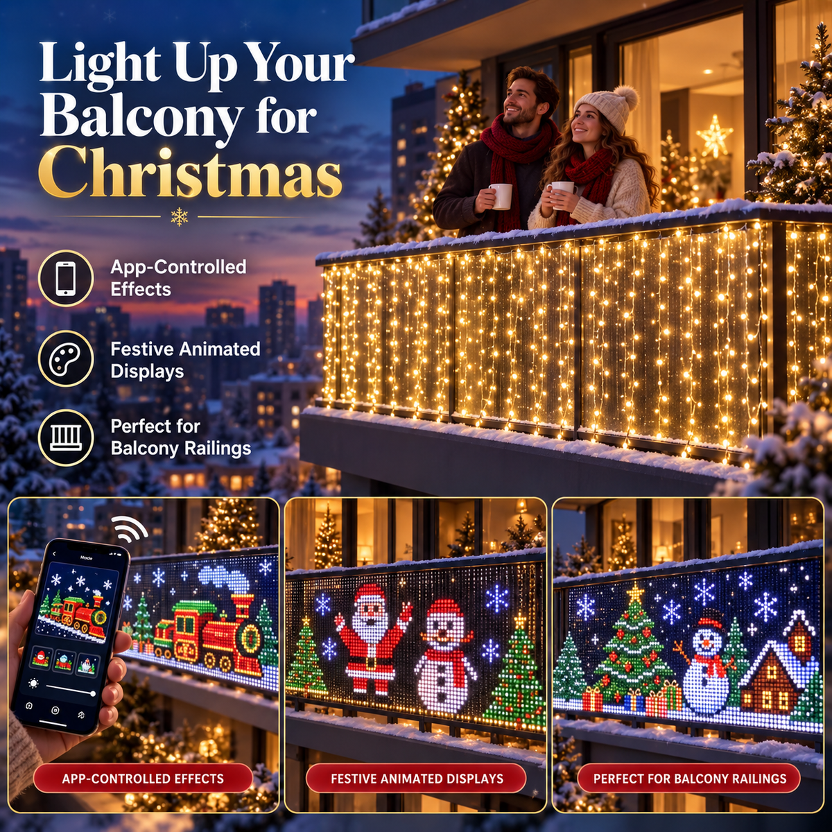 🔥Last day 49% OFF🎅 Smart RGB Pixel Curtain Lights – App-Controlled Animated Holiday Display for Balcony & Window Decor-1.6m*1.6m