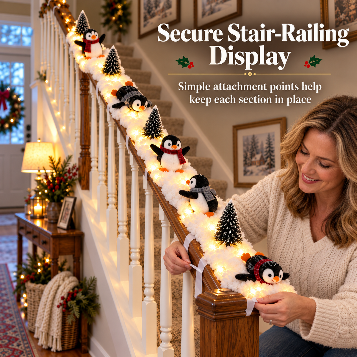 ❄️ Lighted Christmas Penguin Decoration | Cute Snowy Stair Railing Décor | Festive Holiday Home Accent 🐧