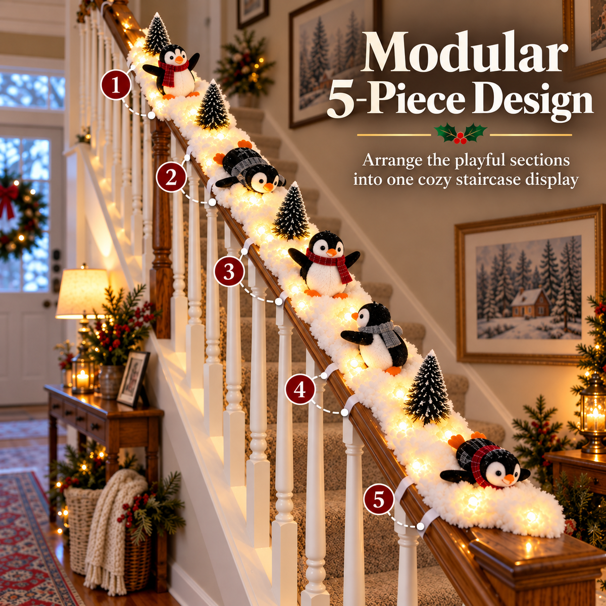 ❄️ Lighted Christmas Penguin Decoration | Cute Snowy Stair Railing Décor | Festive Holiday Home Accent 🐧
