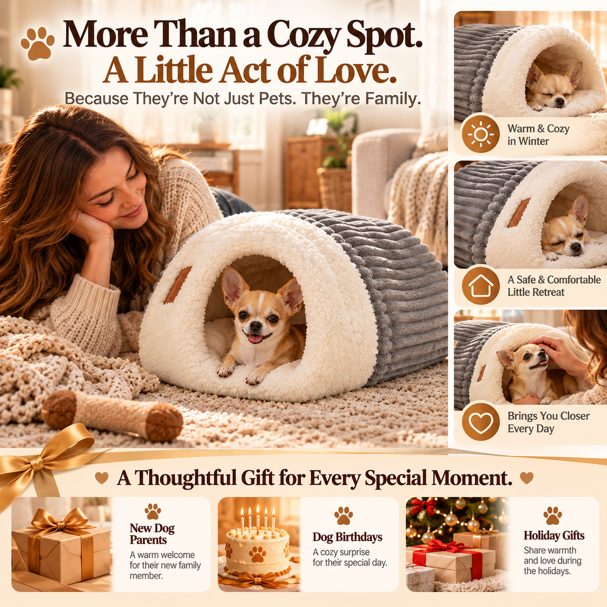 🐾☁️ Cozy Cave Dog Bed – A Soft & Snuggly Hideaway for Your Furry Friend! 🐶❤️