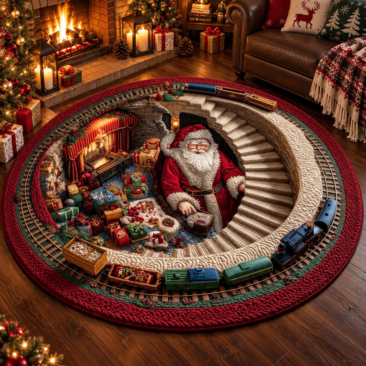 🎄 3D Christmas Santa Illusion Round Floor Mat – Cozy Holiday Home Decor