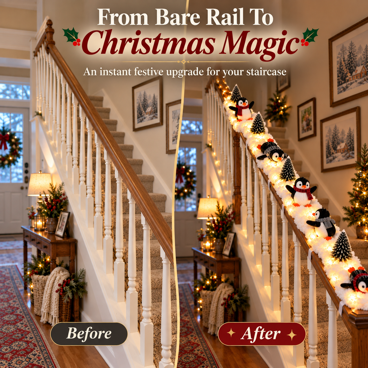 ❄️ Lighted Christmas Penguin Decoration | Cute Snowy Stair Railing Décor | Festive Holiday Home Accent 🐧