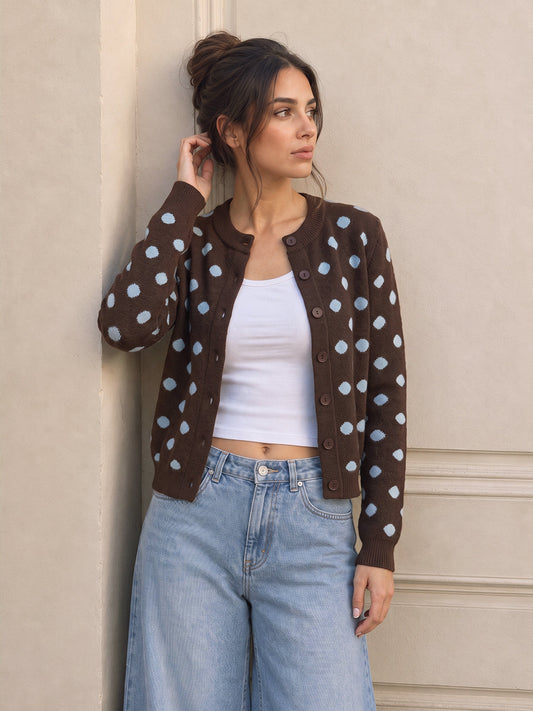 Polka‑Dot Long‑Sleeve Knit Cardigan