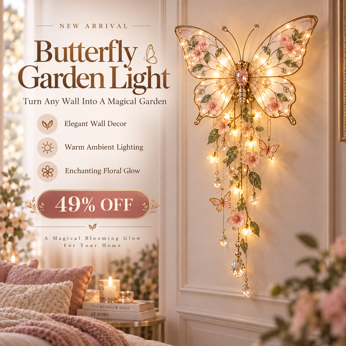 🦋 Butterfly Garden Wall Light – Warm Floral Ambient Décor