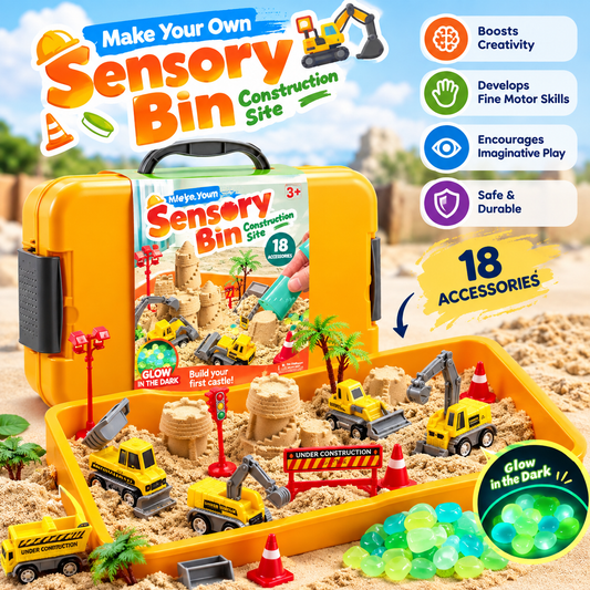 Kits Construction Sensory Bin for Toddlers with Glow in The Dark Stones, Sandbox with Lid Castle Building kit
