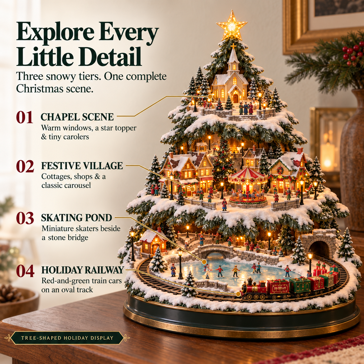 🚂🎄 Lighted Christmas Village Tree – Animated Train & Carousel Holiday Display