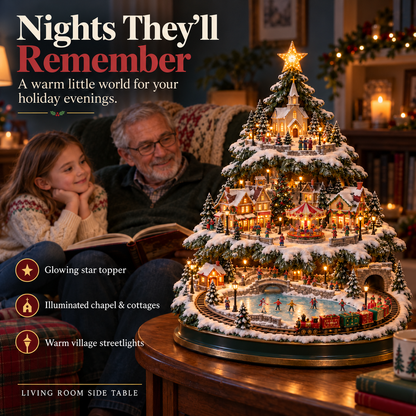 🚂🎄 Lighted Christmas Village Tree – Animated Train & Carousel Holiday Display