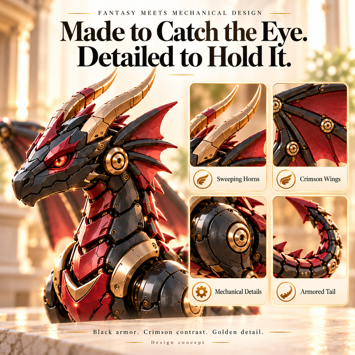 🔥LAST DAY 49% OFF | 🐉 Mechanical Dragon Egg – Black & Crimson Dragon with Folding Wings & Armored Details