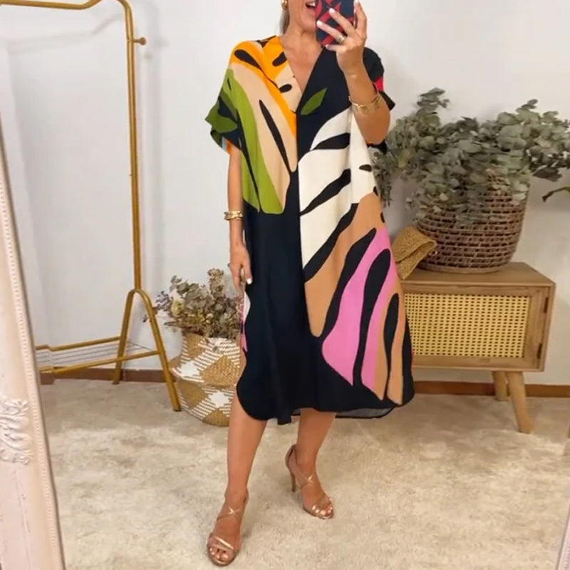 Colorful leaf print casual dress
