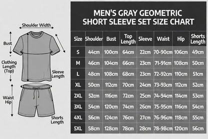 🔥Men's geometric print short-sleeved T-shirt paired with drawstring shorts two-piece set