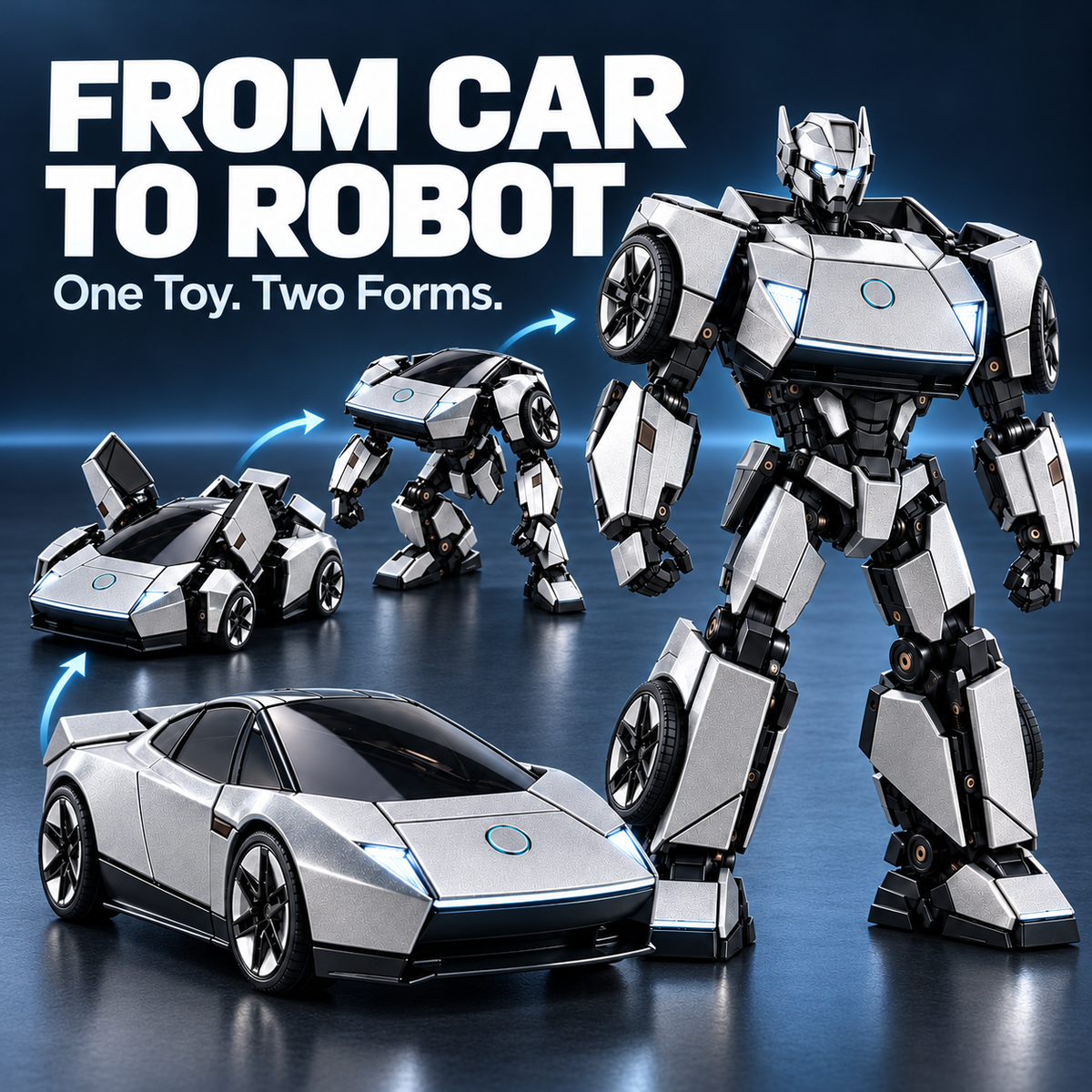 🏎️🤖 2-in-1 Transforming Sports Car – Silver Robot Mecha Toy ⚡