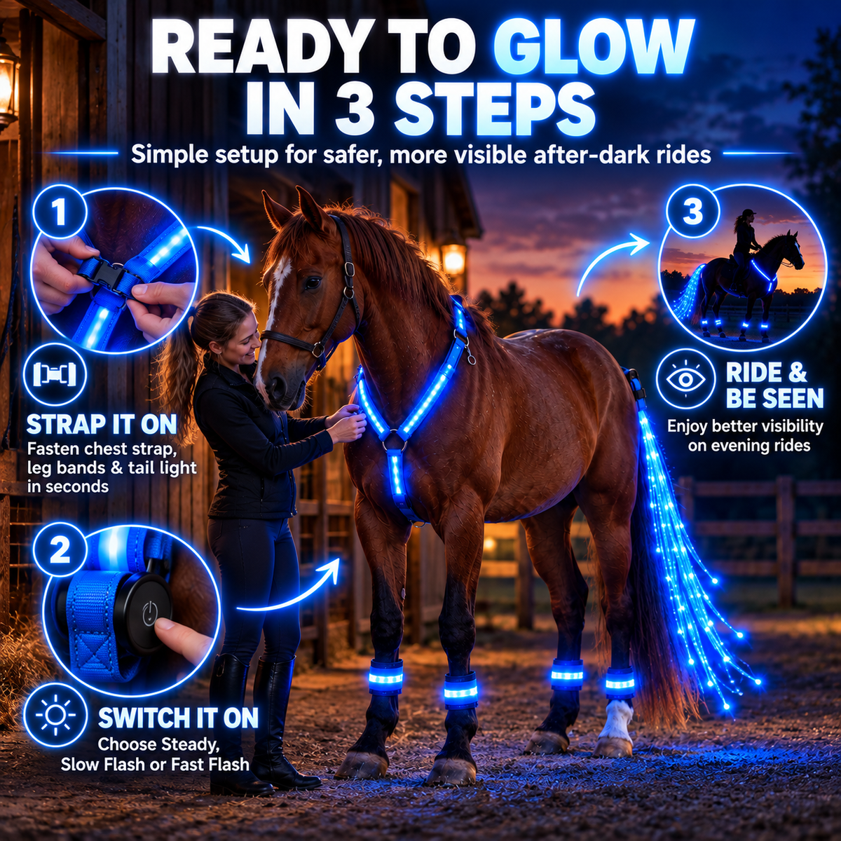 🏇LED Horse Night Riding Lights – Full-Body Glow Kit with Enhanced Visibility & 12 Lighting Modes✨