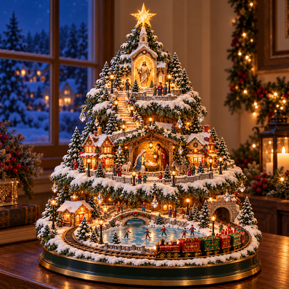 🚂🎄 Lighted Christmas Village Tree – Animated Train & Carousel Holiday Display