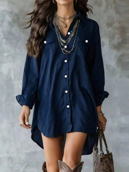 Linen Blend Button-Down Slit Shirt Dress