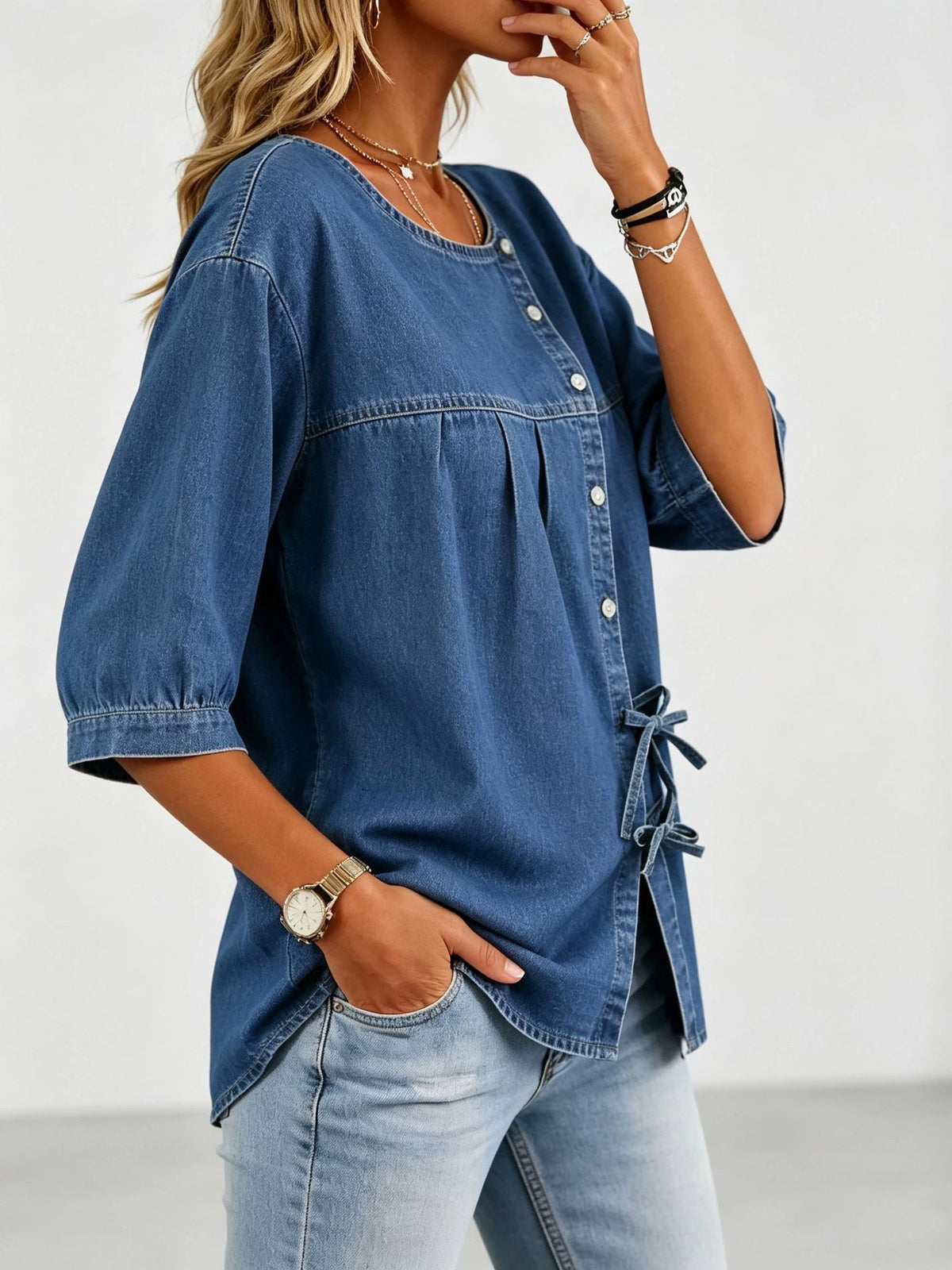 Denim Tie-Front Blouse – Women’s Relaxed Casual Top