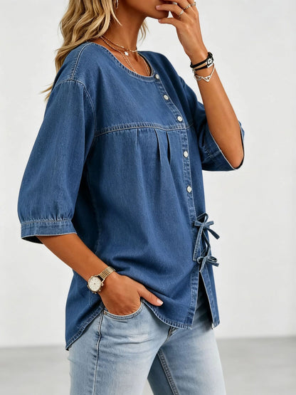 Denim Tie-Front Blouse – Women’s Relaxed Casual Top