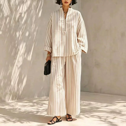 Women's Minimalist Half-Zip Long-Sleeve Top & Wide-Leg Pants Set