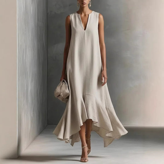 Sleeveless V-Neck Linen Midi Dress with Ruffled Hem