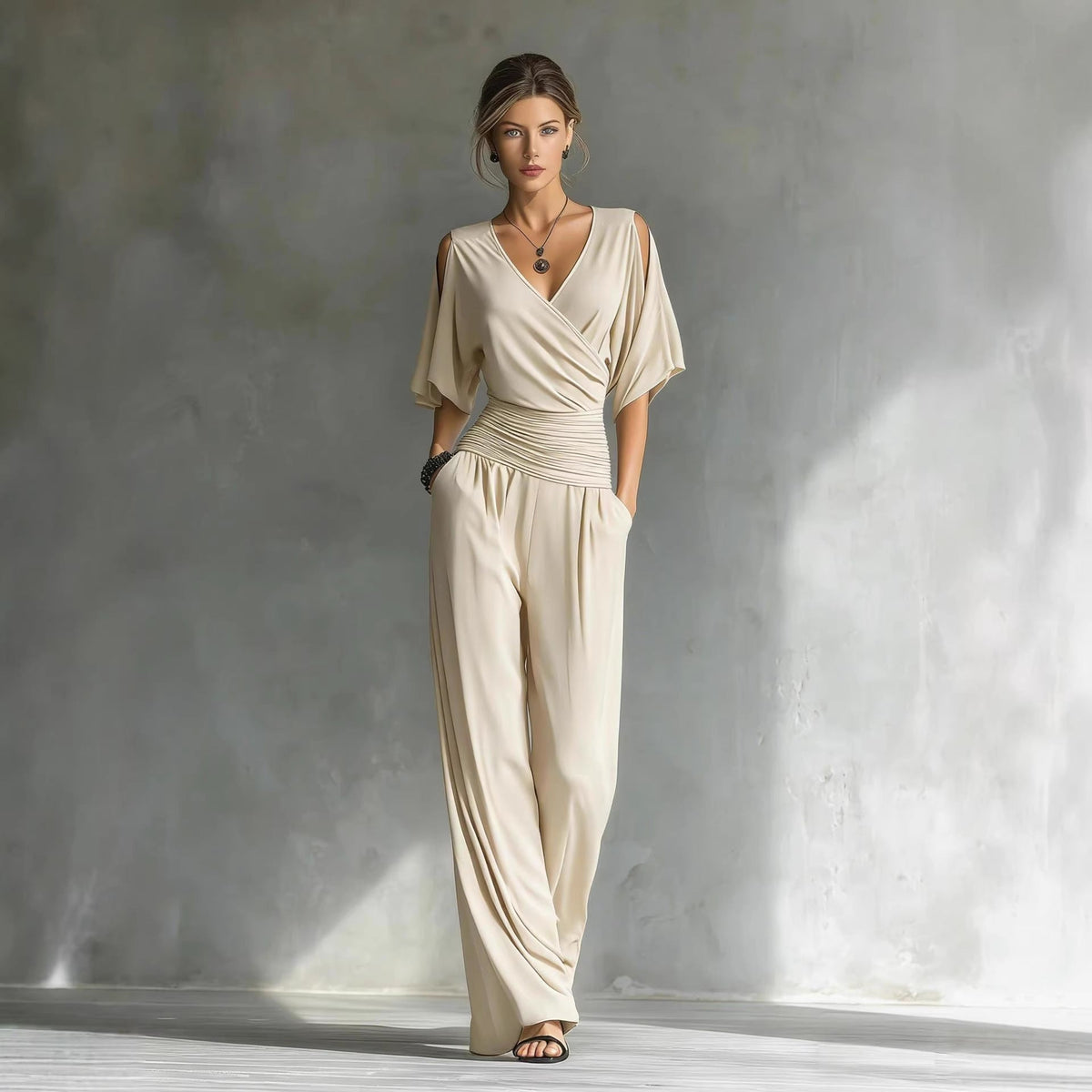 Cold Shoulder Wrap V Ruched Waist Wide Leg Jumpsuit