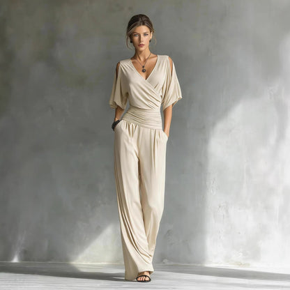 Cold Shoulder Wrap V Ruched Waist Wide Leg Jumpsuit