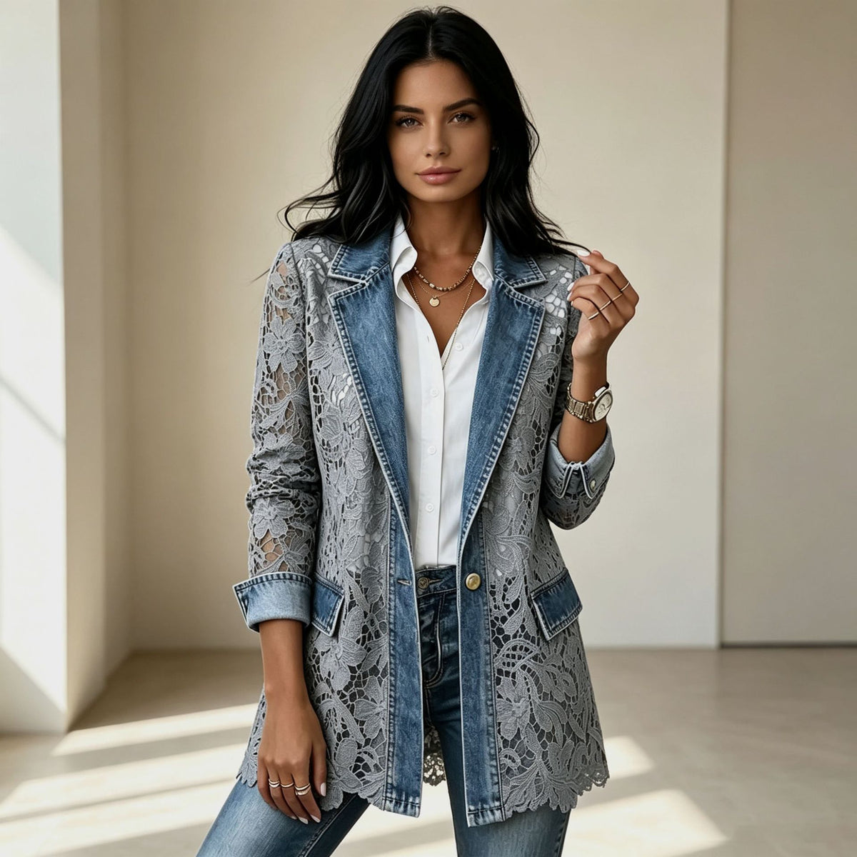 Floral Lace Panel Mid-Length Blazer Coat