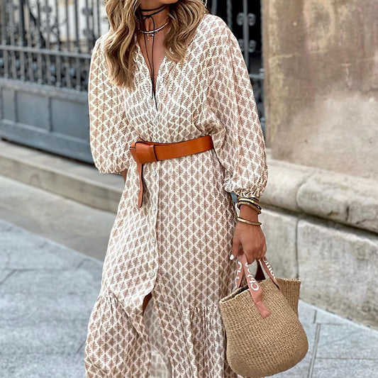 Belted Printed V-Neck Maxi Dress