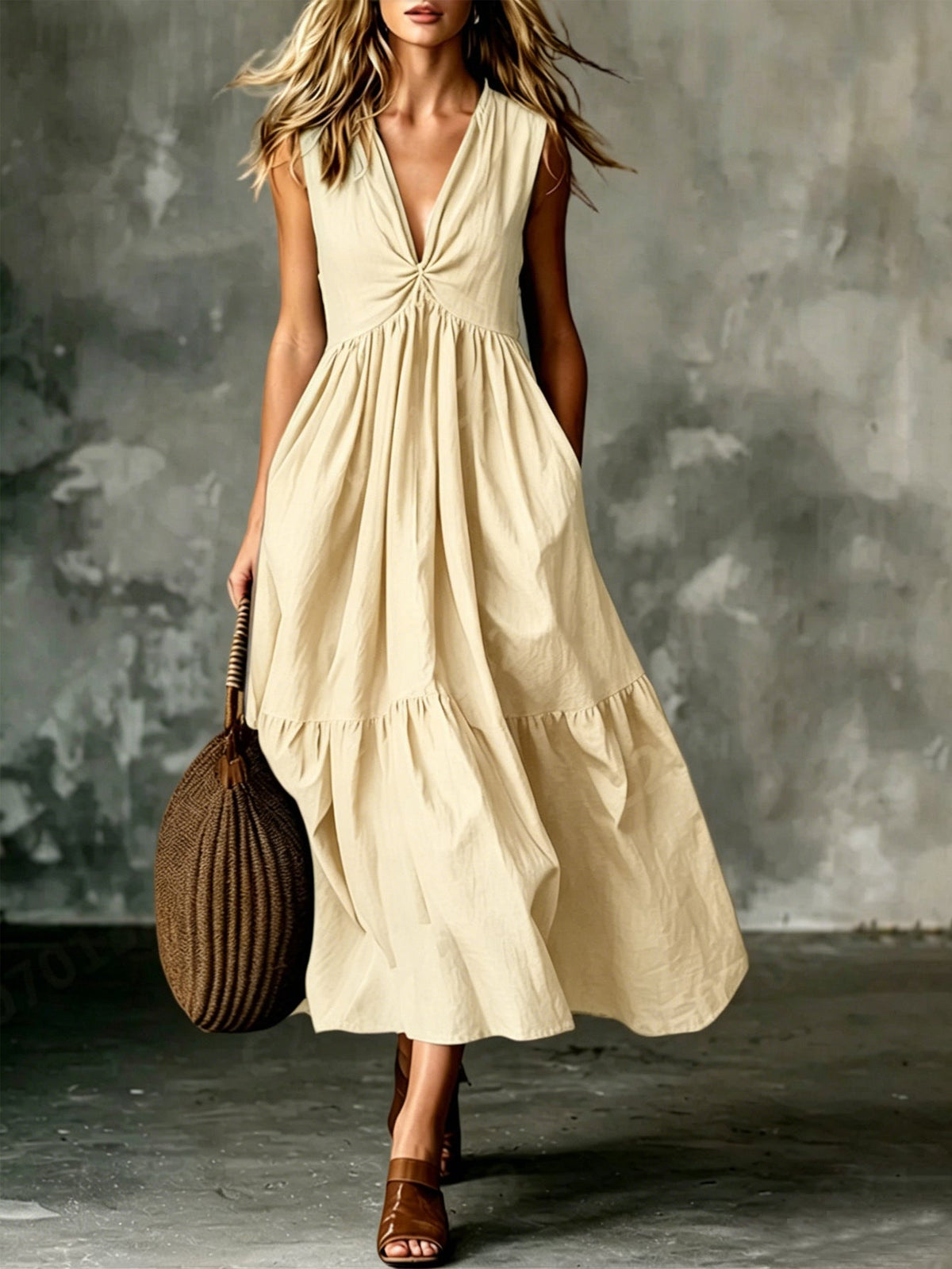 Twist Front V-Neck Sleeveless Pocket Textured Flowy Maxi Dress