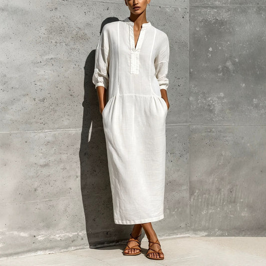 Linen Stand Collar Split V 3/4 Sleeve Drop Pocket Midi Dress