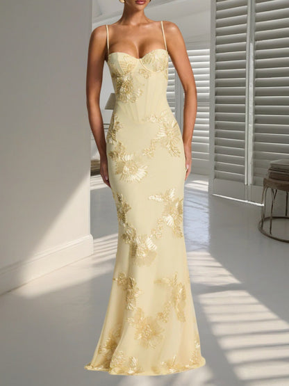Women’s Embroidered Lace-Up Corset Maxi Dress