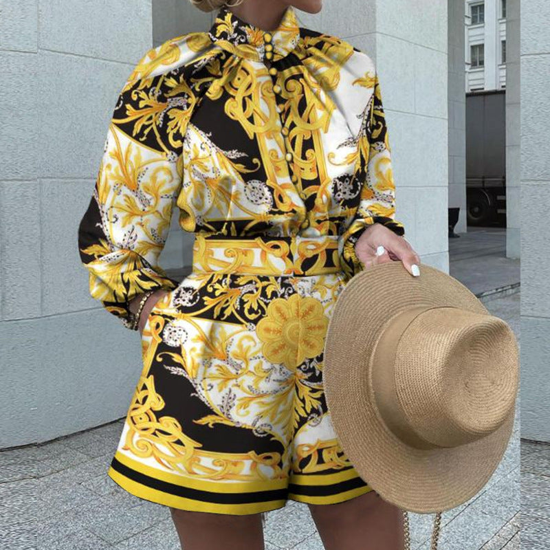 Printed Long-Sleeve Top & Shorts Two-Piece Set