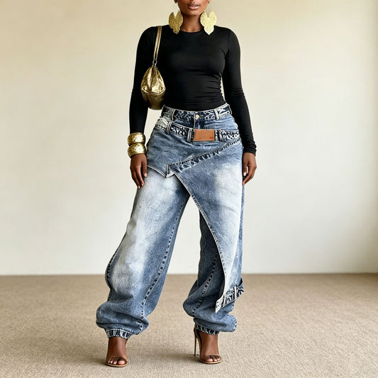 Layered Washed Wide-Leg Jeans – Women's Streetwear Style