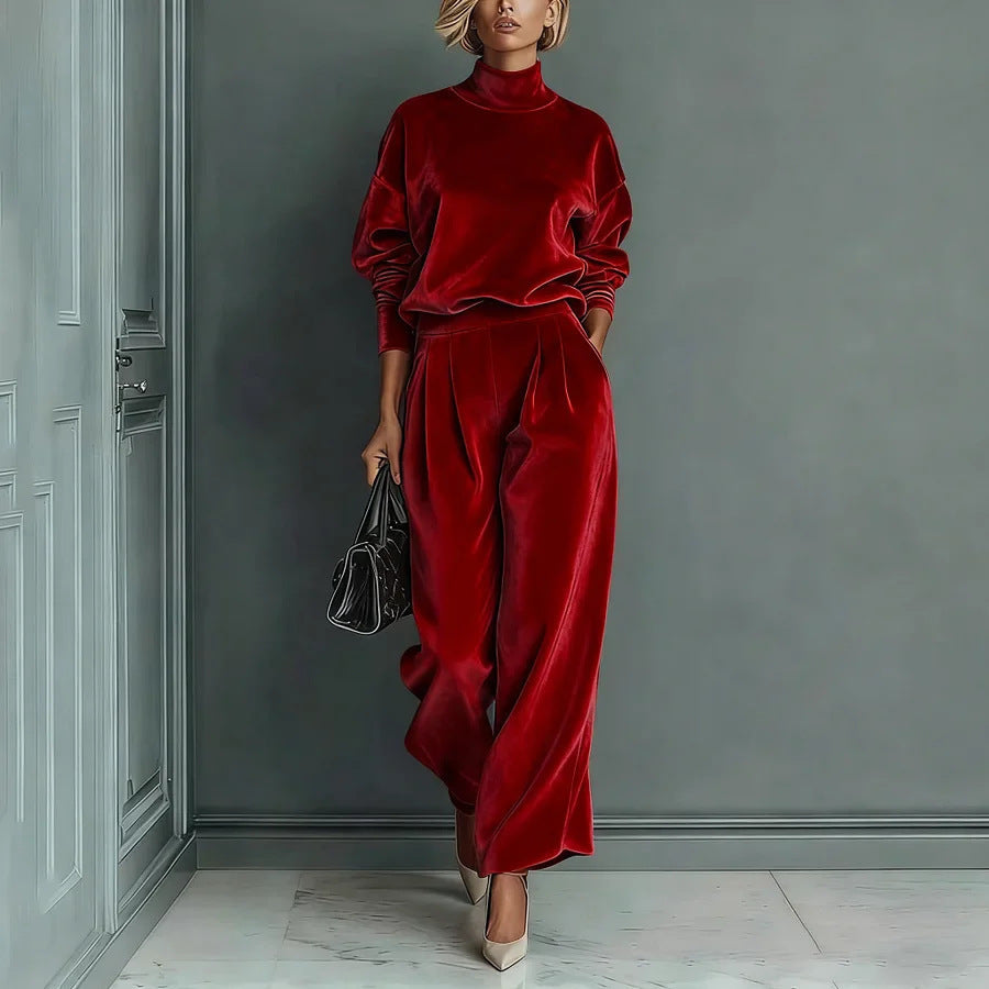 Knit Long-Sleeve Top & Wide-Leg Pants Two-Piece Set