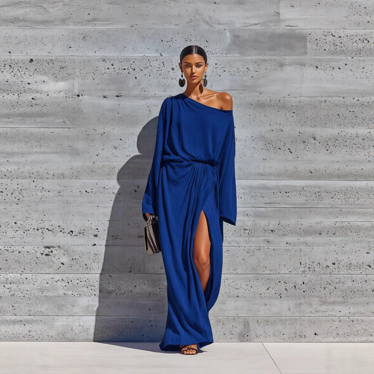 Vibrant Purple Off Shoulder Batwing Wrap Slit Maxi Dress