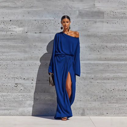 Vibrant Purple Off Shoulder Batwing Wrap Slit Maxi Dress