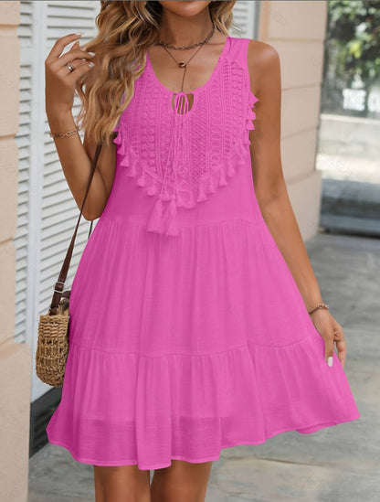 Crochet Lace Tassel‑Trim Sleeveless Tiered Mini Dress