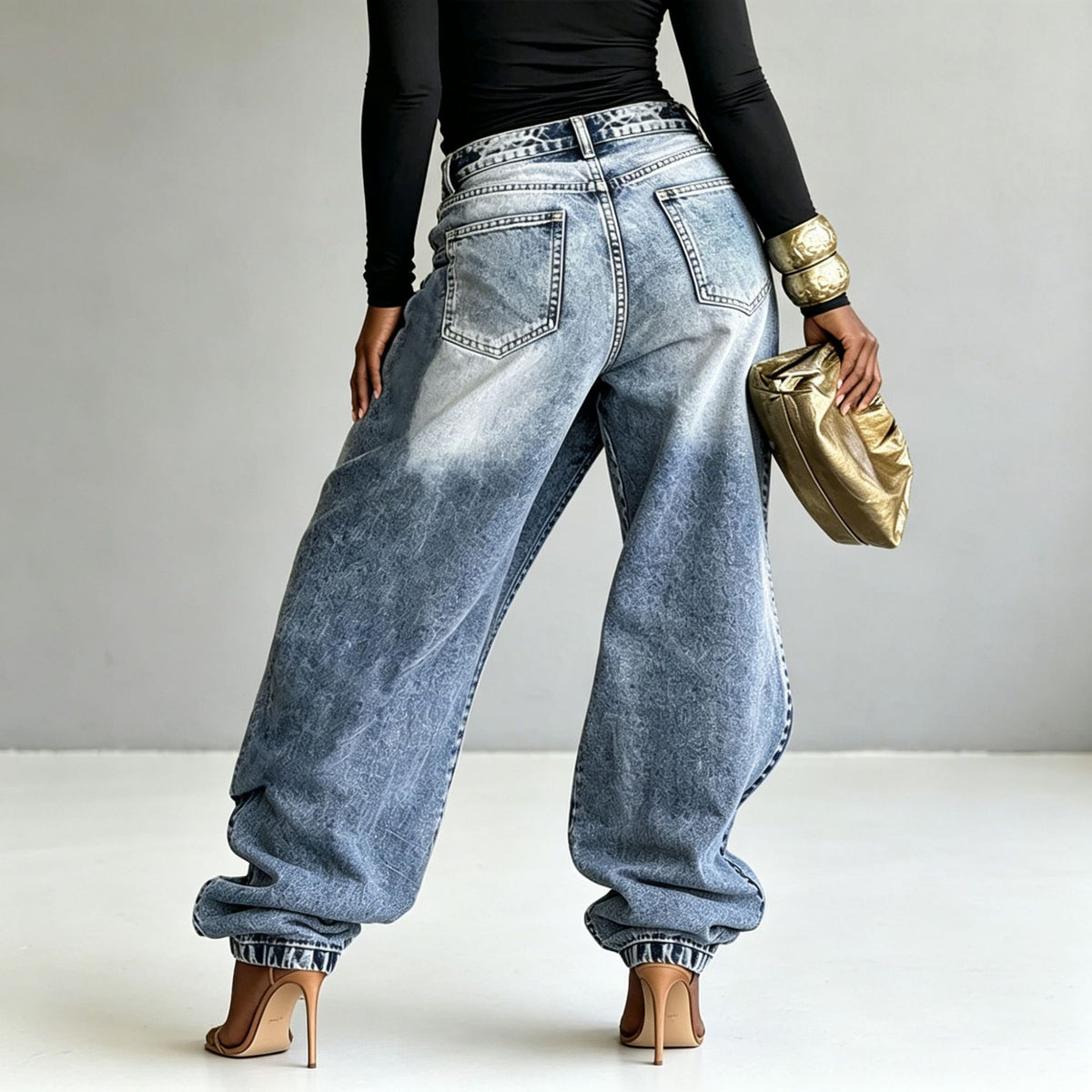 Layered Washed Wide-Leg Jeans – Women's Streetwear Style