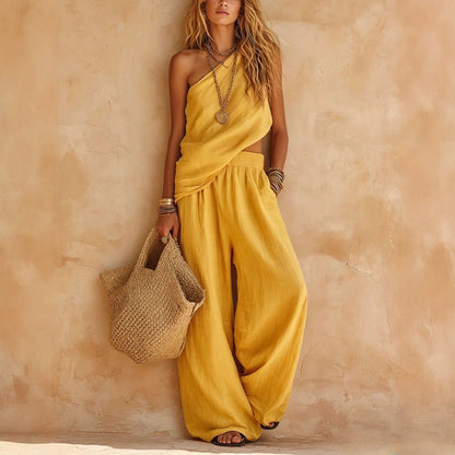 Dusty Pink Asymmetrical One-Shoulder Linen Two-Piece Pants Set