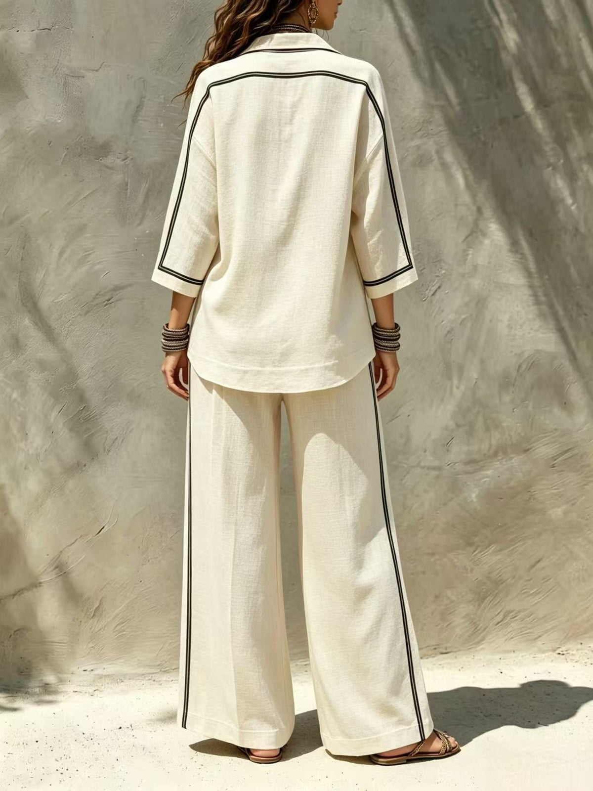 Contrast Trim Shirt & Wide‑Leg Pants Two‑Piece Set