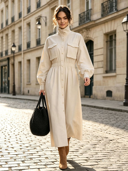 Women's Solid Beige Stand Collar Pocket Elastic Waist Long Sleeve Shirt Midi Dress