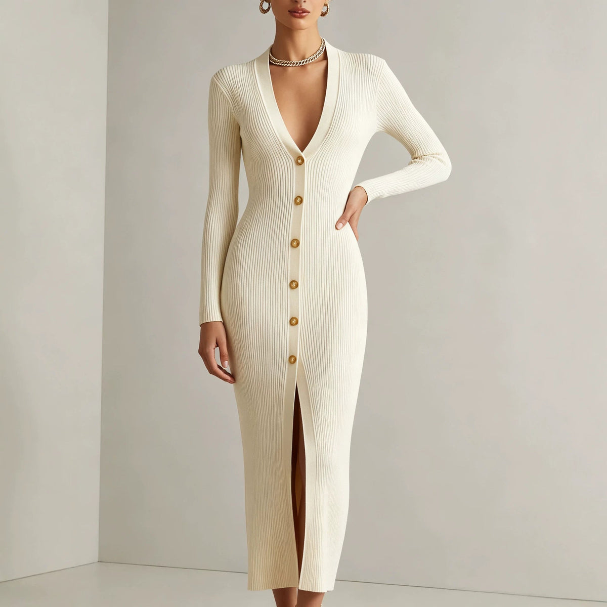 V‑Neck Button Front Ribbed Knit Slit Midi Dress