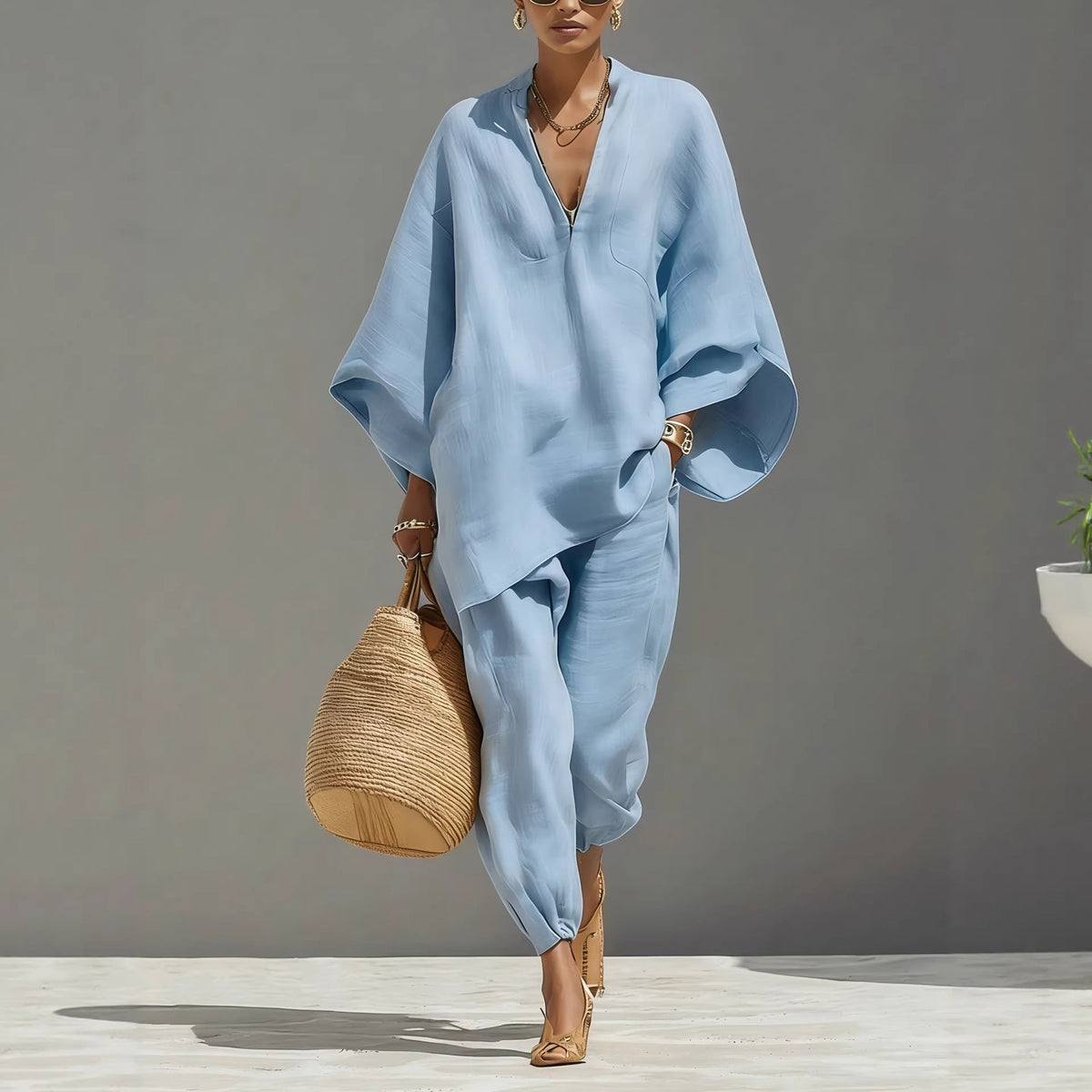 Women's Neutral Linen Set With Asymmetric Hem & Minimalist Design, Sophisticated Daily-Casual Style Set