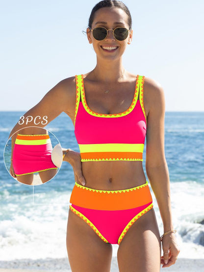 Color Contrast Patchwork Nylon Sporty 3 Piece Bikini Sets