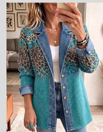 Leopard Print Denim Jacket – Women's Casual Oversized Style