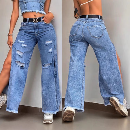 Women’s Distressed Split-Hem Wide Leg Jeans