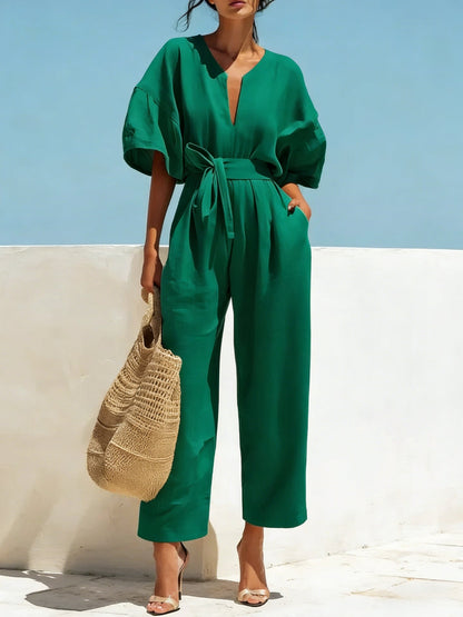 Women's Casual Linen Jumpsuit with Lantern Sleeves